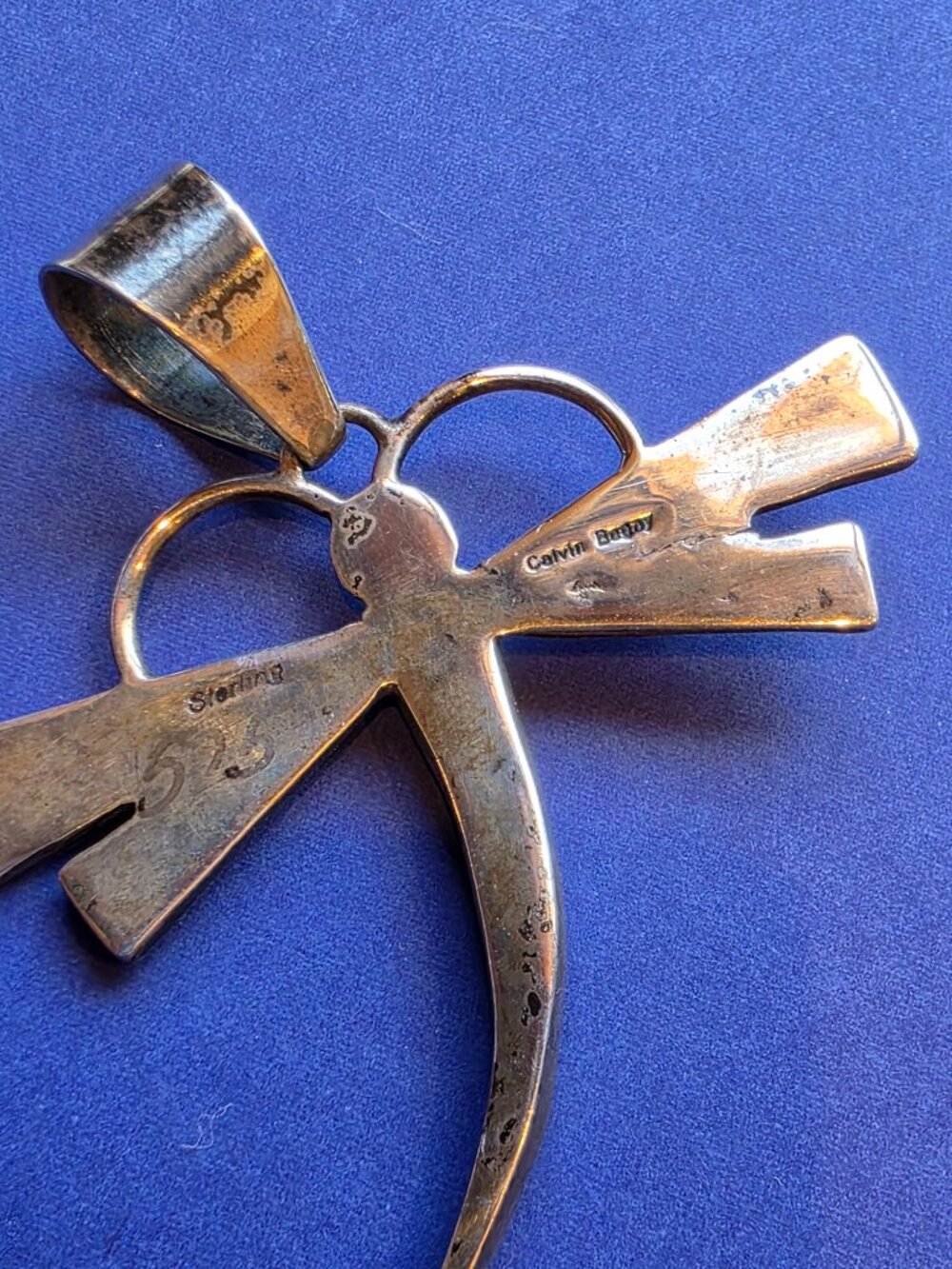 Calvin Begay Native American Sterling Silver Inlaid Dragonfly Pendant - Picture 5 of 5